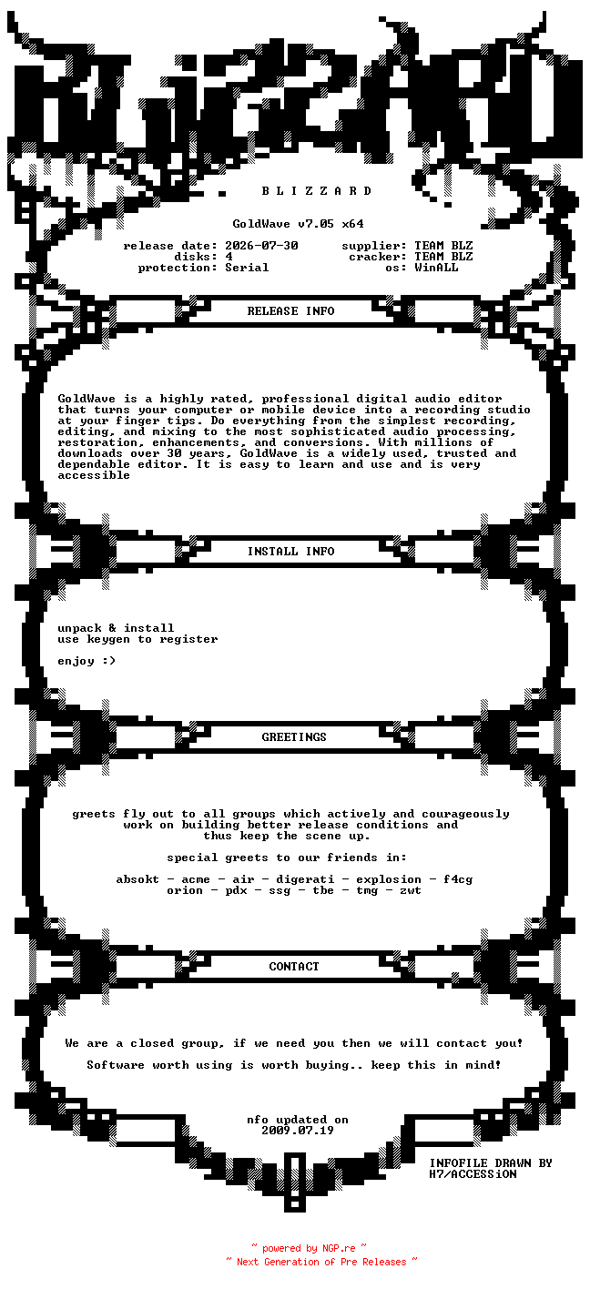 NFO for the release GoldWave.v7.05.x64.WinALL.Incl.Keygen-BLiZZARD by BLiZZARD