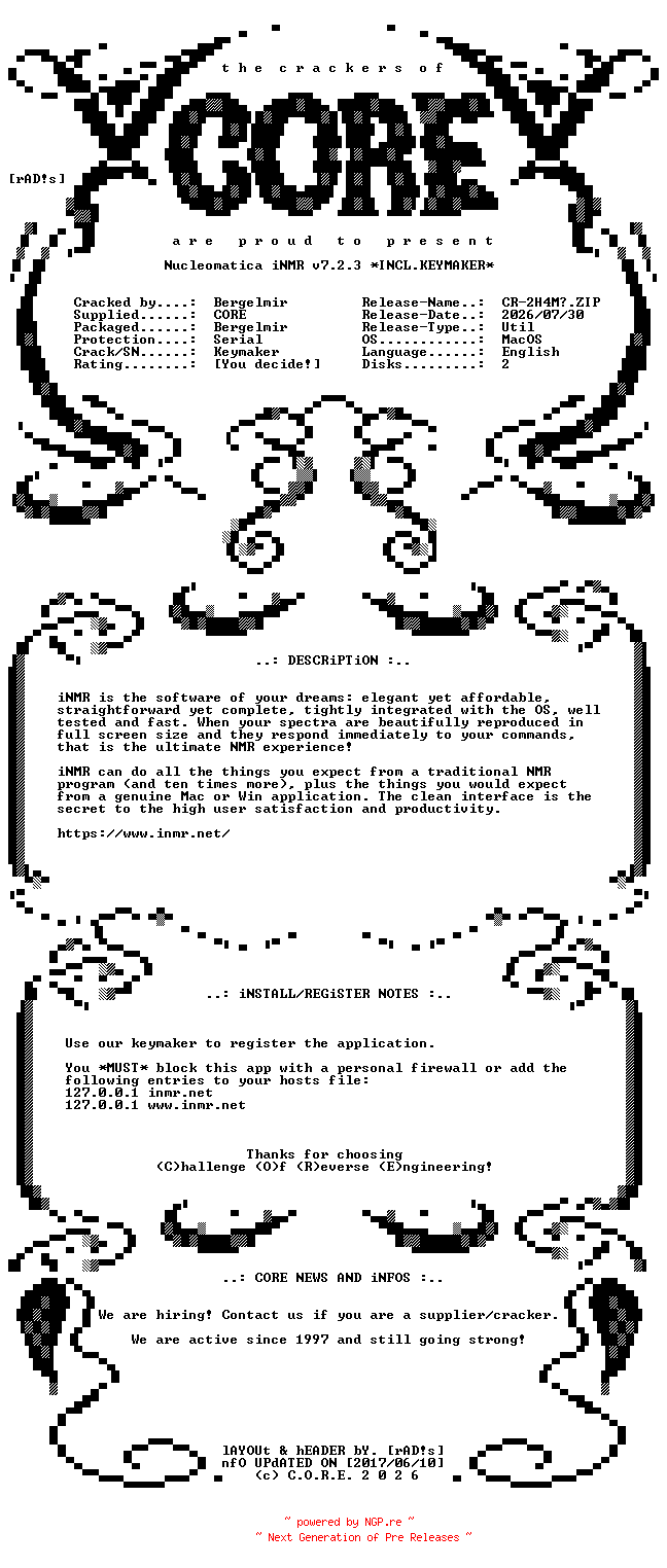 NFO for the release Nucleomatica.iNMR.v7.2.3.MacOS.UB.Incl.Keymaker-CORE by CORE