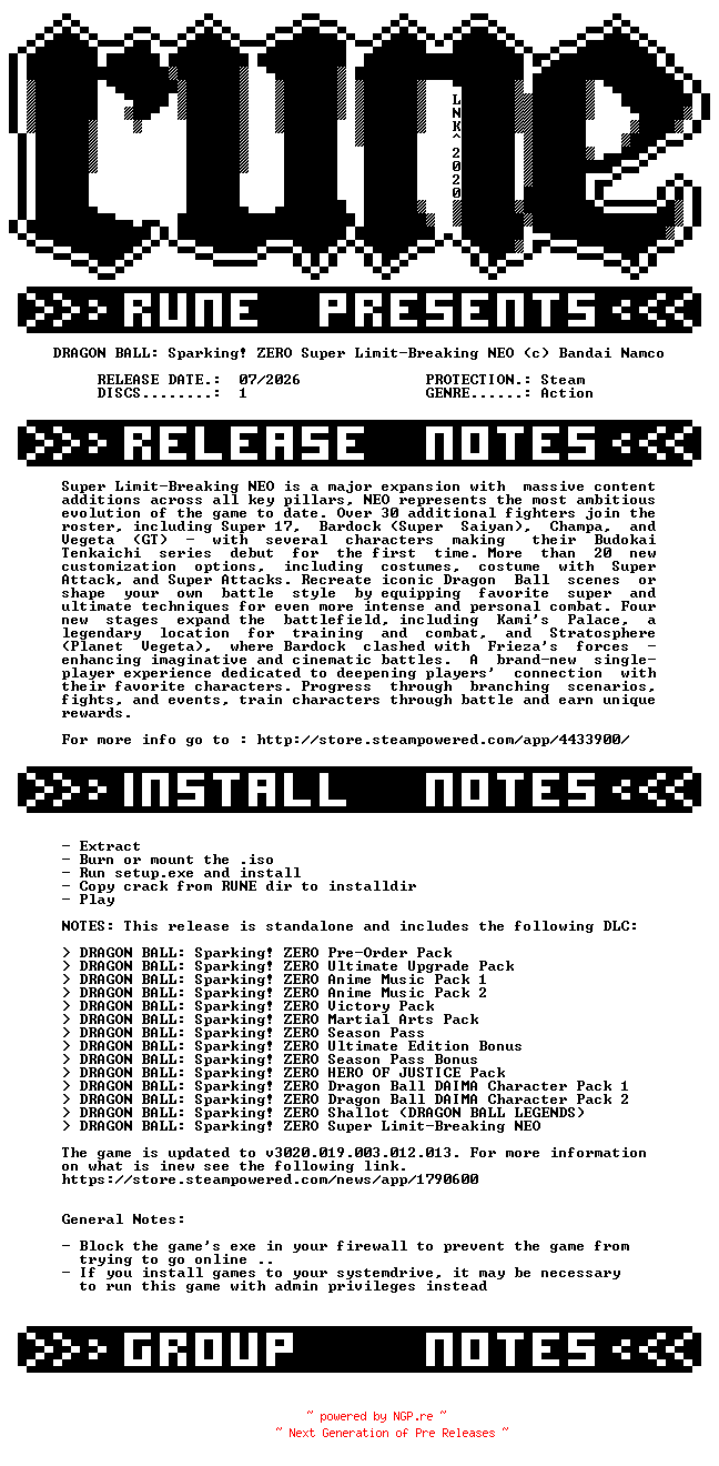 NFO for the release DRAGON.BALL.Sparking.ZERO.Super.Limit-Breaking.NEO-RUNE by RUNE