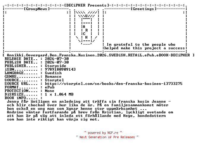 NFO for the release Annikki.Oevergard.Den.Franska.Kusinen.2026.SWEDiSH.RETAiL.ePub.eBOOK-DECiPHER by DECiPHER