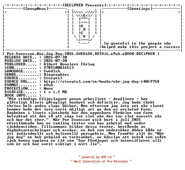 NFO for the release Per.Svensson.Nar.Jag.Dog.2026.SWEDiSH.RETAiL.ePub.eBOOK-DECiPHER by DECiPHER
