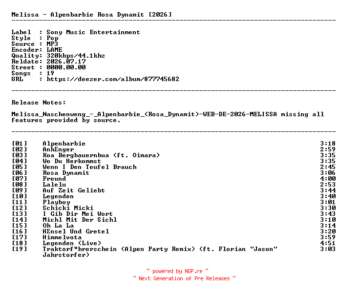 NFO for the release Melissa_Naschenweng-Alpenbarbie_Rosa_Dynamit-DE-PROPER-(WEB)-2026-Berichtigen by Berichtigen