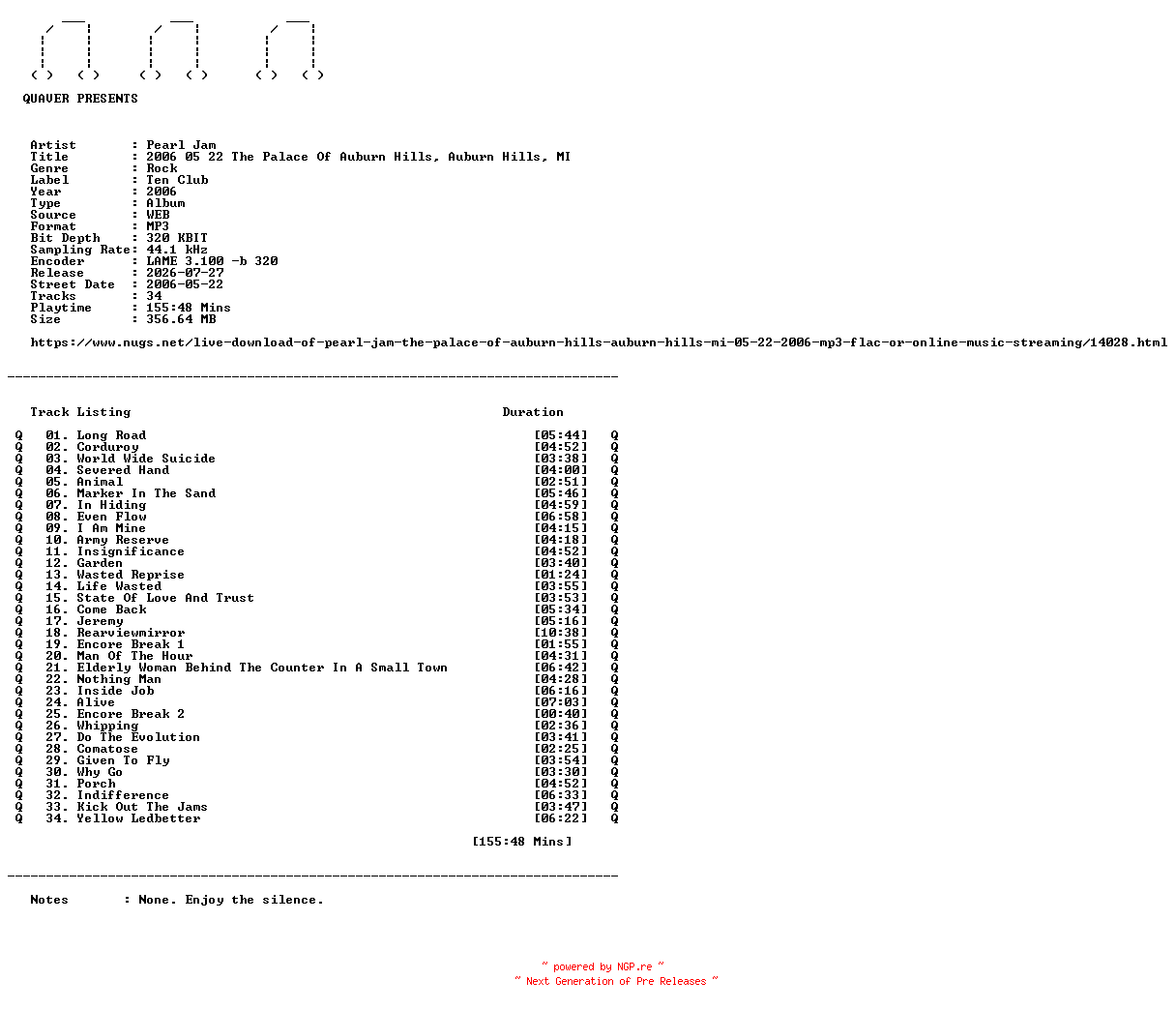 NFO for the release Pearl_Jam-2006_05_22_The_Palace_Of_Auburn_Hills_Auburn_Hills_MI-WEB-2006-QUAVER by QUAVER