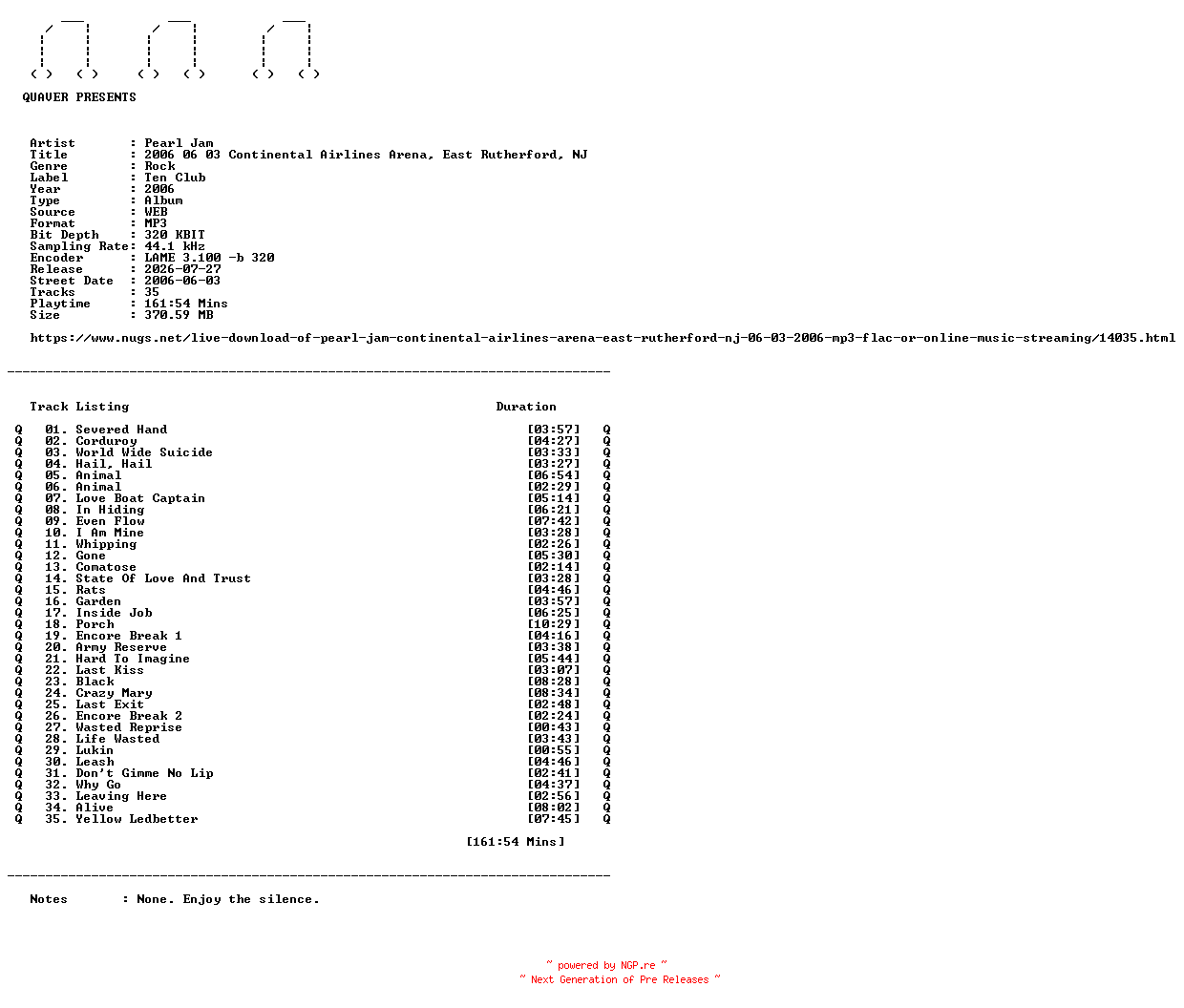 NFO for the release Pearl_Jam-2006_06_03_Continental_Airlines_Arena_East_Rutherford_NJ-WEB-2006-QUAVER by QUAVER