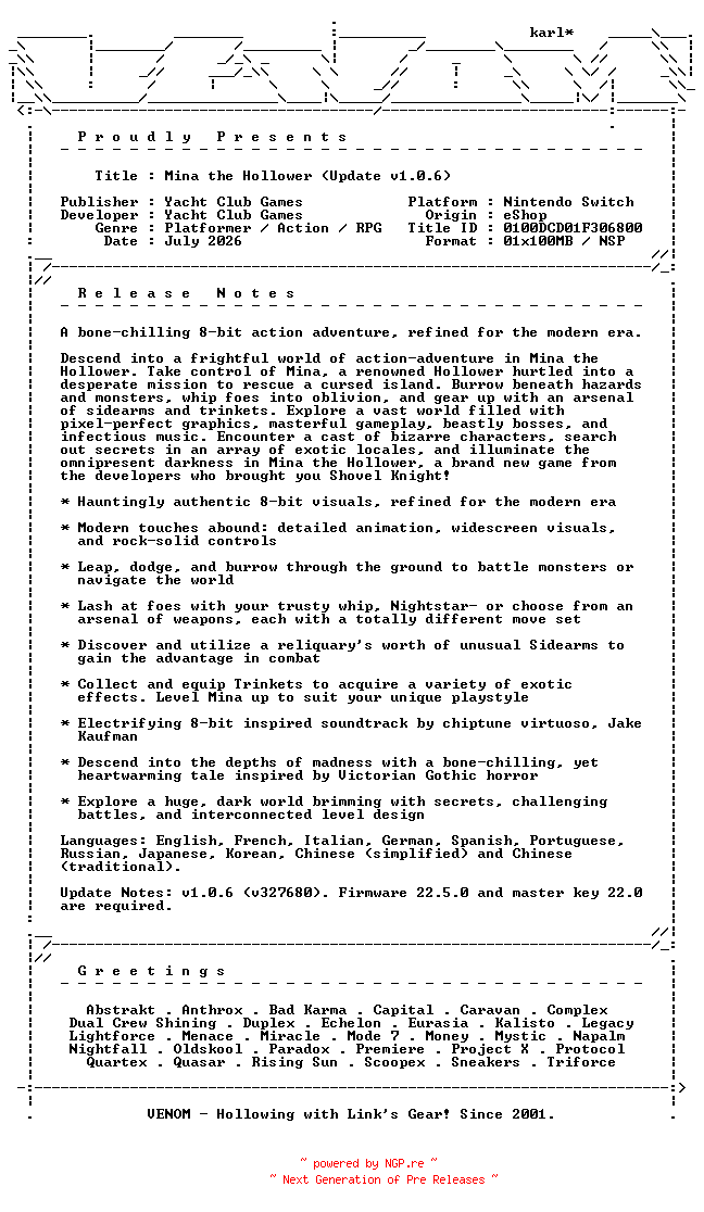 NFO for the release Mina_the_Hollower_Update_v1.0.6_NSW-VENOM by VENOM