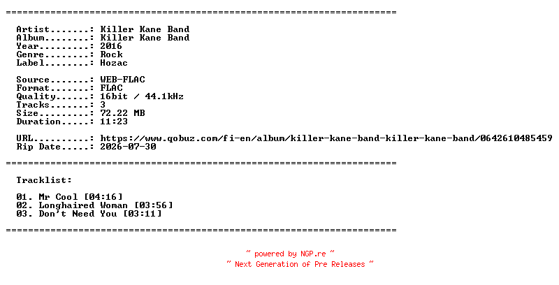 NFO for the release Killer_Kane_Band-Killer_Kane_Band-REMASTERED-16BIT-WEB-FLAC-2016-LLC by LLC