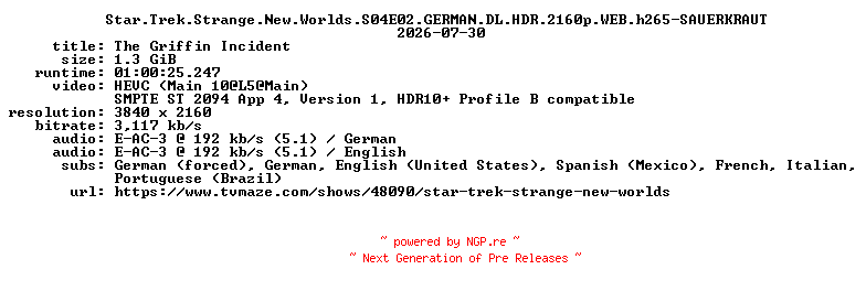 NFO for the release Star.Trek.Strange.New.Worlds.S04E02.GERMAN.DL.HDR.2160p.WEB.h265-SAUERKRAUT by SAUERKRAUT
