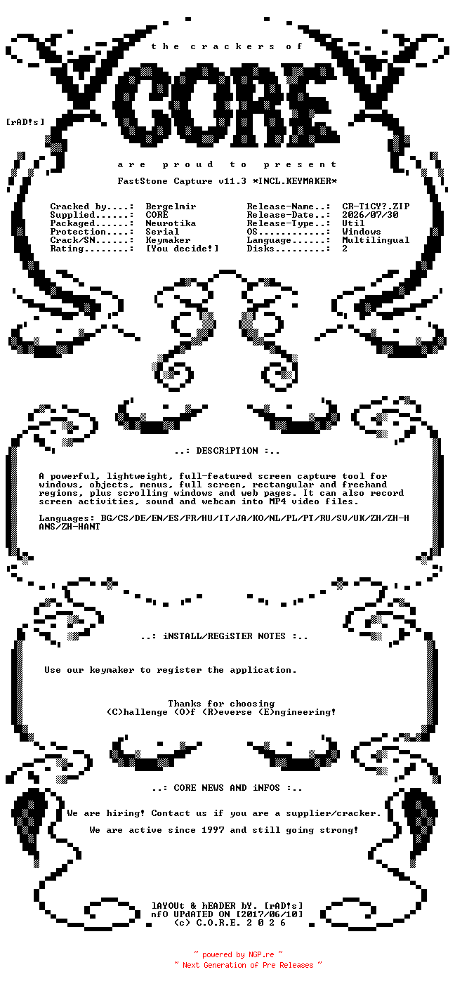 NFO for the release FastStone.Capture.v11.3.Multilingual.Incl.Keymaker-CORE by CORE