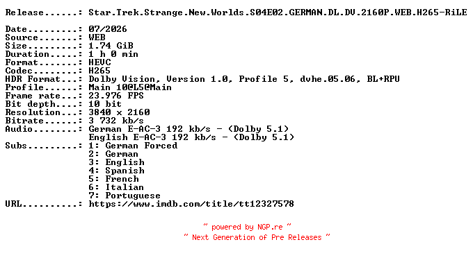 NFO for the release Star.Trek.Strange.New.Worlds.S04E02.GERMAN.DL.DV.2160P.WEB.H265-RiLE by RiLE