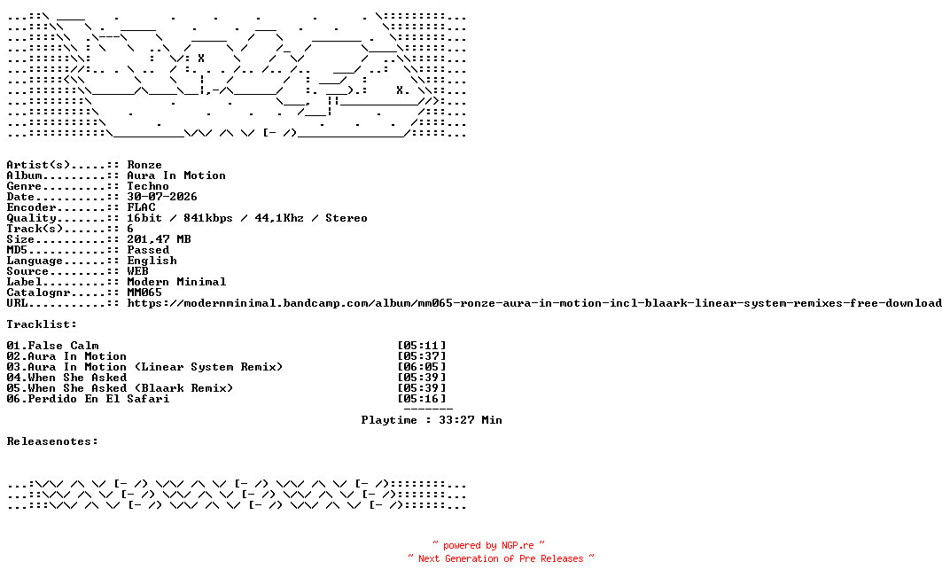 NFO for the release Ronze-Aura_In_Motion-MM065-16BIT-WEB-FLAC-2026-WAVED by WAVED