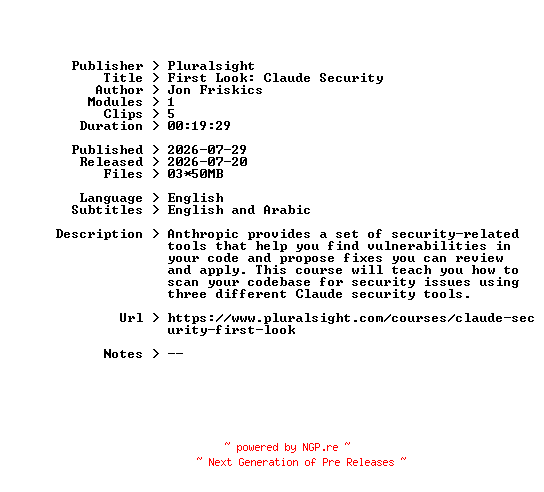 NFO for the release Pluralsight.First.Look.Claude.Security.2026.BOOKWARE-GETH by GETH