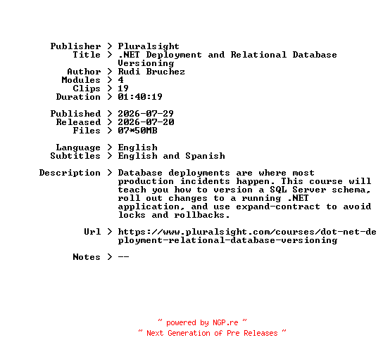 NFO for the release Pluralsight.NET.Deployment.and.Relational.Database.Versioning.2026.BOOKWARE-GETH by GETH