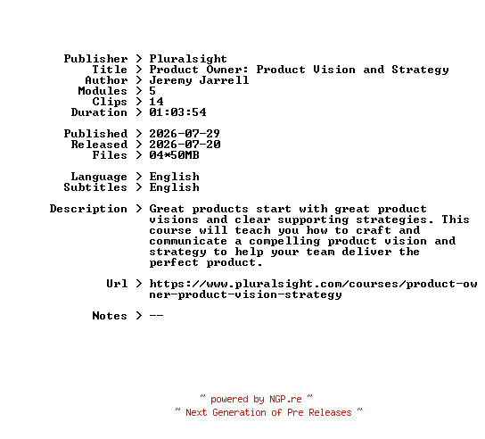 NFO for the release Pluralsight.Product.Owner.Product.Vision.and.Strategy.2026.BOOKWARE-GETH by GETH