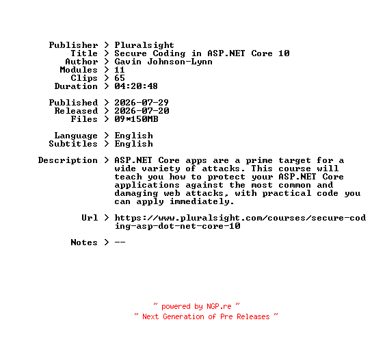NFO for the release Pluralsight.Secure.Coding.in.ASP.NET.Core.10.2026.BOOKWARE-GETH by GETH
