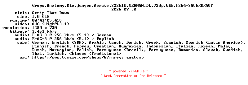 NFO for the release Greys.Anatomy.Die.jungen.Aerzte.S22E10.GERMAN.DL.720p.WEB.h264-SAUERKRAUT by SAUERKRAUT