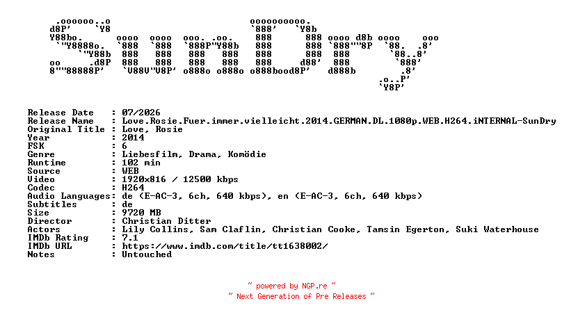 NFO for the release Love.Rosie.Fuer.immer.vielleicht.2014.GERMAN.DL.1080p.WEB.H264.iNTERNAL-SunDry by SunDry