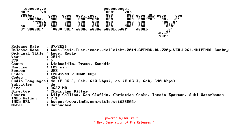 NFO for the release Love.Rosie.Fuer.immer.vielleicht.2014.GERMAN.DL.720p.WEB.H264.iNTERNAL-SunDry by SunDry
