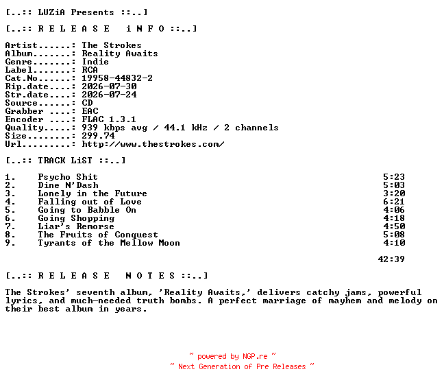 NFO for the release The_Strokes-Reality_Awaits-(19958-44832-2)-CD-FLAC-2026-LUZiA by LUZiA