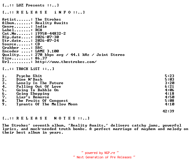 NFO for the release The_Strokes-Reality_Awaits-(19958-44832-2)-CD-2026-LUZ by LUZ