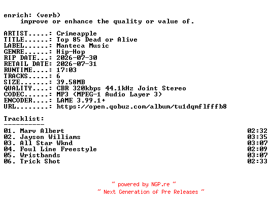 NFO for the release Crimeapple-Top_85_Dead_or_Alive-EP-WEB-2026-ENRiCH by ENRiCH