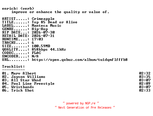 NFO for the release Crimeapple-Top_85_Dead_or_Alive-EP-16BIT-WEB-FLAC-2026-ENRiCH by ENRiCH