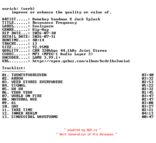 NFO for the release Homeboy_Sandman_X_Jack_Splash-Resonance_Frequency-WEB-2026-ENRiCH by ENRiCH
