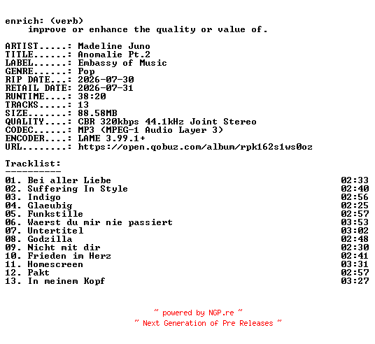 NFO for the release Madeline_Juno-Anomalie_Pt.2-WEB-DE-2026-ENRiCH by ENRiCH