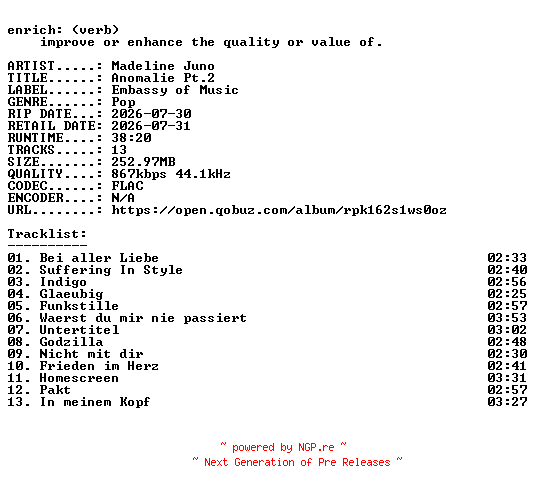 NFO for the release Madeline_Juno-Anomalie_Pt.2-DE-16BIT-WEB-FLAC-2026-ENRiCH by ENRiCH