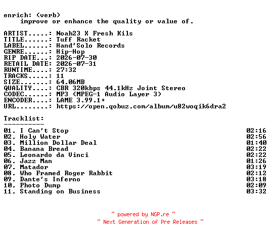 NFO for the release Noah23_X_Fresh_Kils-Tuff_Racket-WEB-2026-ENRiCH by ENRiCH