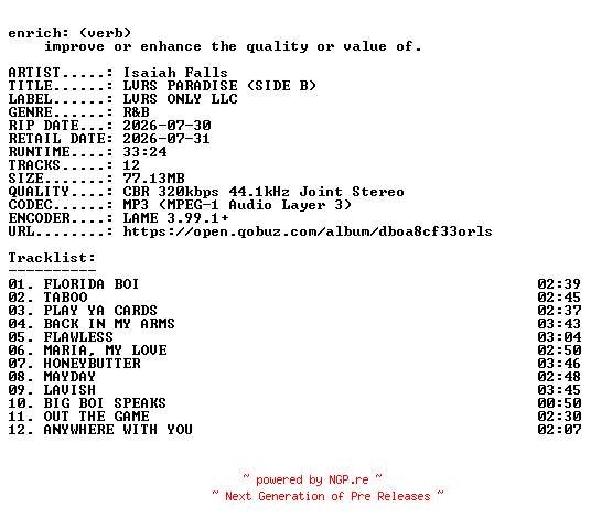 NFO for the release Isaiah_Falls-LVRS_PARADISE_(SIDE_B)-WEB-2026-ENRiCH by ENRiCH