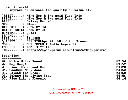 NFO for the release Mike_Bee_and_The_Acid_Fuzz_Trio-Mike_Bee_and_The_Acid_Fuzz_Trio-WEB-2026-ENRiCH by ENRiCH