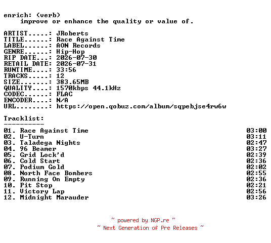 NFO for the release JRoberts-Race_Against_Time-24BIT-WEB-FLAC-2026-ENRiCH by ENRiCH