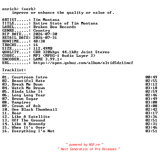 NFO for the release Tim_Montana-Entire_State_of_Tim_Montana-WEB-2026-ENRiCH by ENRiCH