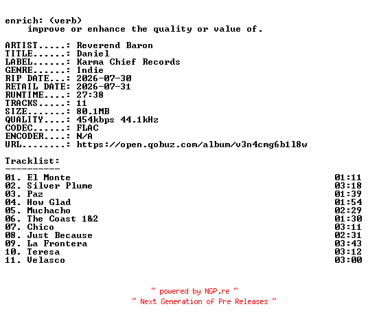 NFO for the release Reverend_Baron-Daniel-16BIT-WEB-FLAC-2026-ENRiCH by ENRiCH