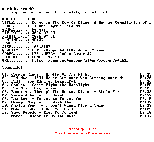 NFO for the release VA-Songs_In_The_Key_Of_Diane_A_Reggae_Compilation_Of_Diane_Warren_Songs-WEB-2026-ENRiCH by ENRiCH