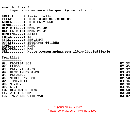 NFO for the release Isaiah_Falls-LVRS_PARADISE_(SIDE_B)-24BIT-WEB-FLAC-2026-ENRiCH by ENRiCH