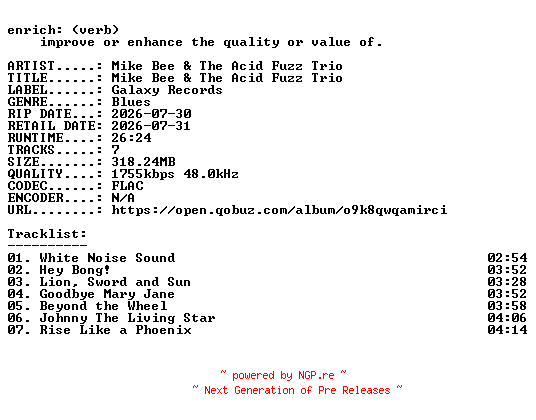 NFO for the release Mike_Bee_and_The_Acid_Fuzz_Trio-Mike_Bee_and_The_Acid_Fuzz_Trio-24BIT-WEB-FLAC-2026-ENRiCH by ENRiCH