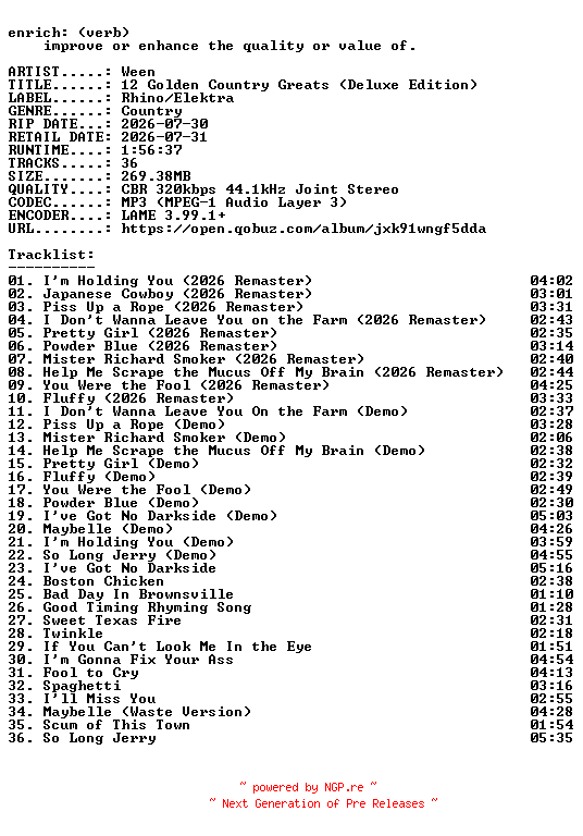 NFO for the release Ween-12_Golden_Country_Greats_(Deluxe_Edition)-WEB-2026-ENRiCH by ENRiCH