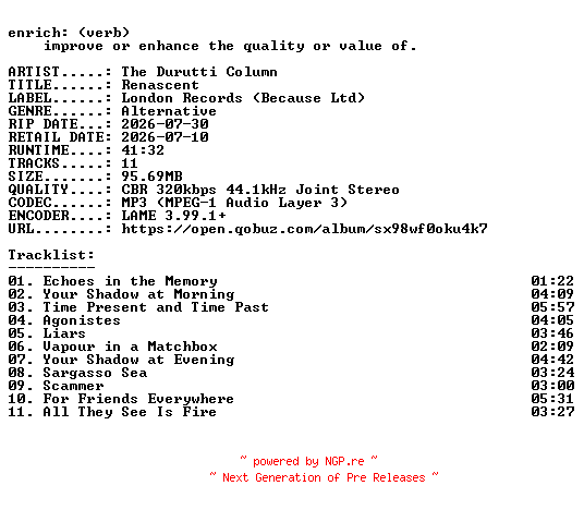 NFO for the release The_Durutti_Column-Renascent-WEB-2026-ENRiCH by ENRiCH