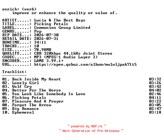 NFO for the release Lucia_and_The_Best_Boys-Picking_Petals-WEB-2026-ENRiCH by ENRiCH
