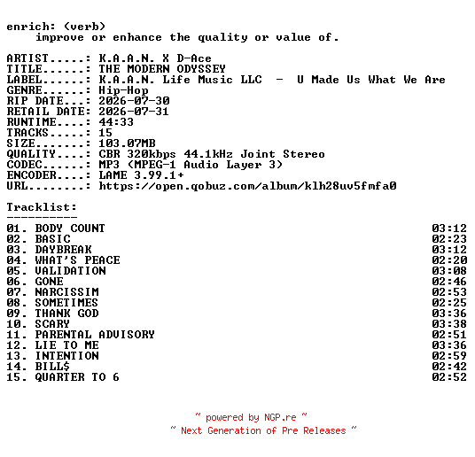NFO for the release K.A.A.N._X_D-Ace-THE_MODERN_ODYSSEY-WEB-2026-ENRiCH by ENRiCH