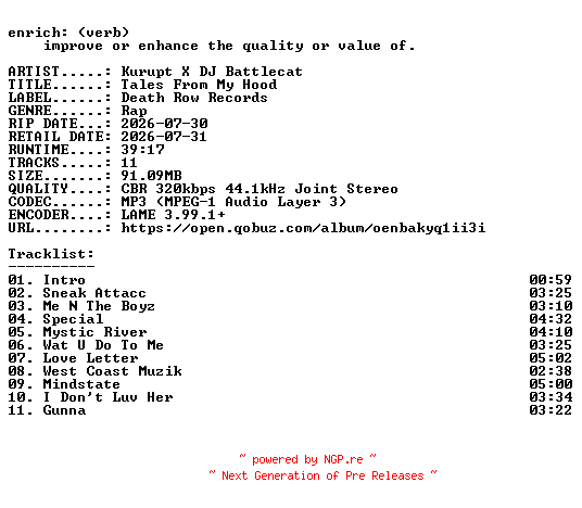 NFO for the release Kurupt_X_DJ_Battlecat-Tales_From_My_Hood-WEB-2026-ENRiCH by ENRiCH