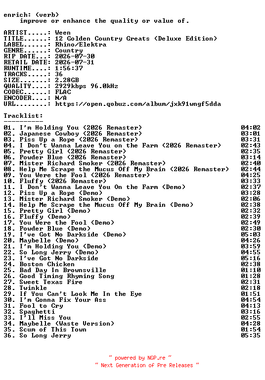 NFO for the release Ween-12_Golden_Country_Greats_(Deluxe_Edition)-24BIT-WEB-FLAC-2026-ENRiCH by ENRiCH
