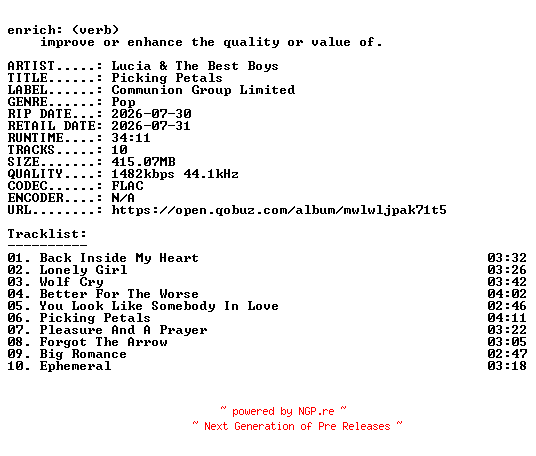 NFO for the release Lucia_and_The_Best_Boys-Picking_Petals-24BIT-WEB-FLAC-2026-ENRiCH by ENRiCH