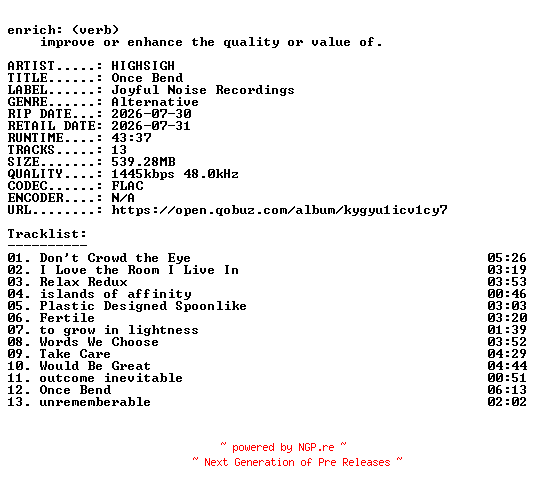 NFO for the release HIGHSIGH-Once_Bend-24BIT-WEB-FLAC-2026-ENRiCH by ENRiCH