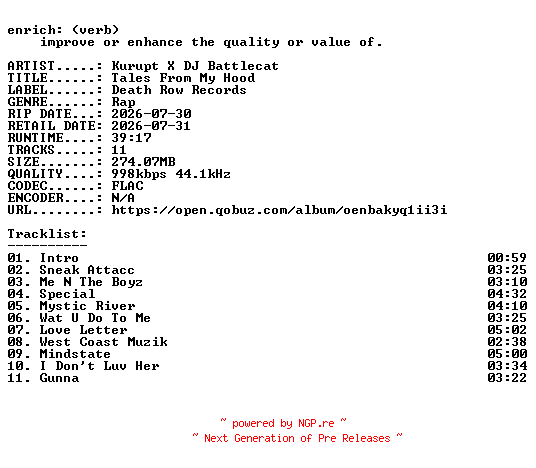 NFO for the release Kurupt_X_DJ_Battlecat-Tales_From_My_Hood-16BIT-WEB-FLAC-2026-ENRiCH by ENRiCH