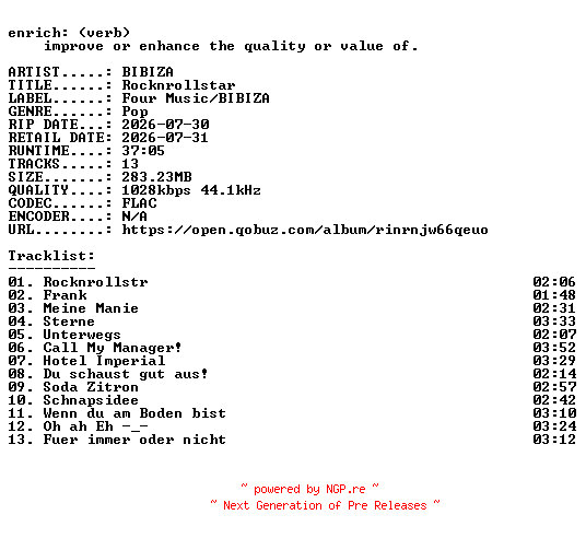 NFO for the release BIBIZA-Rocknrollstar-DE-16BIT-WEB-FLAC-2026-ENRiCH by ENRiCH