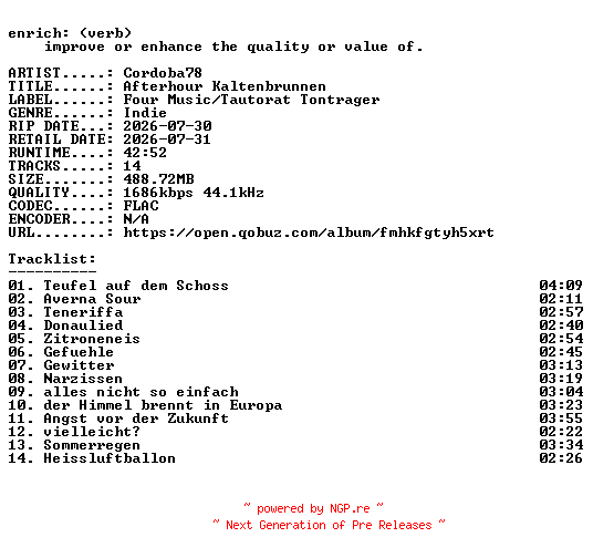 NFO for the release Cordoba78-Afterhour_Kaltenbrunnen-DE-24BIT-WEB-FLAC-2026-ENRiCH by ENRiCH