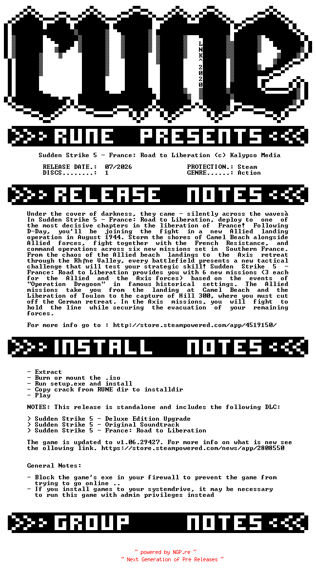 NFO for the release Sudden.Strike.5.France.Road.to.Liberation-RUNE by RUNE