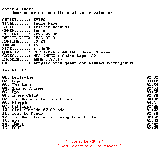 NFO for the release KYTES-Indie_Rave-WEB-2026-ENRiCH by ENRiCH